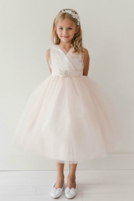 Girls Dress Style 5698 - BLUSH PINK Sparkly Tulle Dress with Matching Rhinestone Sash