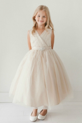 Girls Dress Style 5698 - CHAMPAGNE Sparkly Tulle Dress with Matching Rhinestone Sash