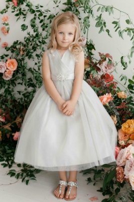 Girls Dress Style 5698 - SILVER Sparkly Tulle Dress with Matching Rhinestone Sash
