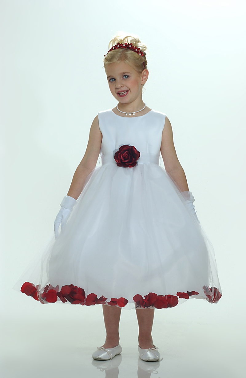 Flower Girl Petal Dress White or Ivory Sleeveless Satin And Tulle Petal Dress With Burgundy