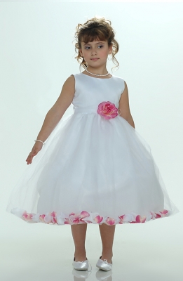 Flower Girl Petal Dress- White or Ivory Sleeveless Satin And Tulle Petal Dress With Hot Pink Petals
