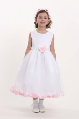 Flower Girl Petal Dress- White or Ivory Sleeveless Satin And Tulle Petal Dress With Light Pink Petal