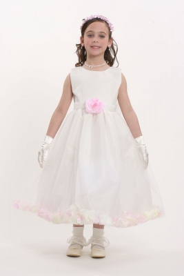 Flower Girl Petal Dress- White or Ivory Sleeveless Satin And Tulle Petal Dress With True Pink Petals