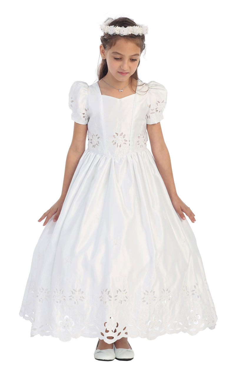 CB_0153_14 Girls Dress Style 0153 WHITE ONLY Satin Short Sleeve