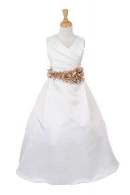 Girls Dress Style 1186- IVORY Dress with Champagne FLOWER Sash