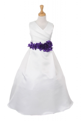 Girls Dress Style 1186- IVORY Dress with Purple FLOWER Sash
