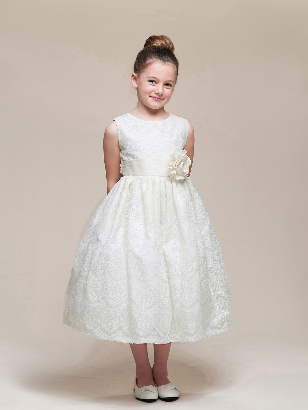 CK_962IV Girls Dress Style 962 Sleeveless Embossed Lace Dress in