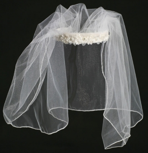 Communion Head Wreath Style T-43- White Veil with Flowers, Rhinestones, and Pearl Accents