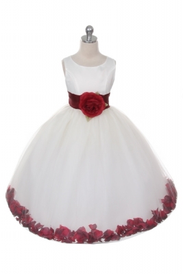 Flower Girl Dress Style 152-Choice of White or Ivory Dress with Burgundy Sash and Petals