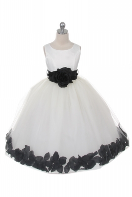 Flower Girl Dress Style 152-Choice of White or Ivory Dress with Black Sash and Petals