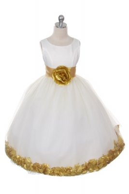 Flower Girl Dress Style 152-Choice of White or Ivory Dress with Gold Sash and Petals