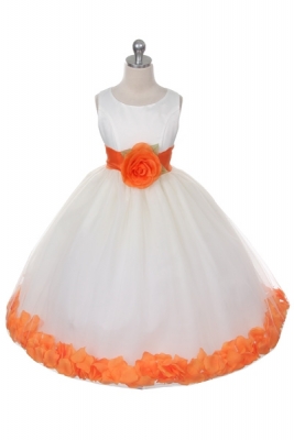 Flower Girl Dress Style 152-Choice of White or Ivory Dress with Orange Sash and Petals