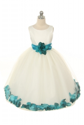 Flower Girl Dress Style 152-Choice of White or Ivory Dress with Teal Sash and Petals