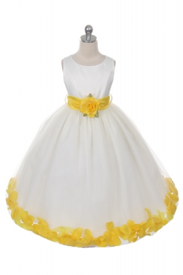 Flower Girl Dress Style 152-Choice of White or Ivory Dress with Yellow Sash and Petals