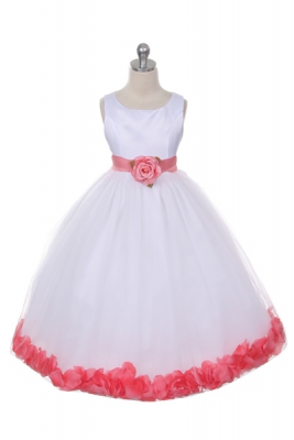 Flower Girl Dress Style 152-Choice of White or Ivory Dress with Coral Sash and Petals