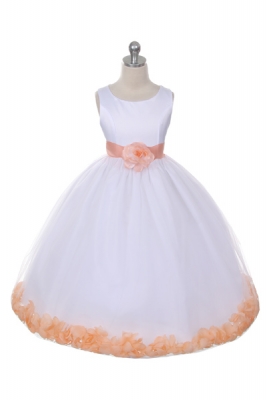 Flower Girl Dress Style 152-Choice of White or Ivory Dress with Peach Sash and Petals