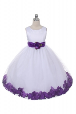 Flower Girl Dress Style 152 - Choice of White or Ivory Dress with Purple Sash and Petals