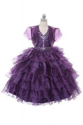 Girls Dress Stile 1024- PLUM Organza Dress with Sequin Bodice and Matching Bolero