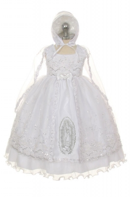 Girls Dress Style 364- WHITE Baptism and Christening Outfit Set with Mary Embroidering