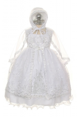 Girls Dress Style 381- WHITE Baptism and Christening Dress with Angel Embroidery