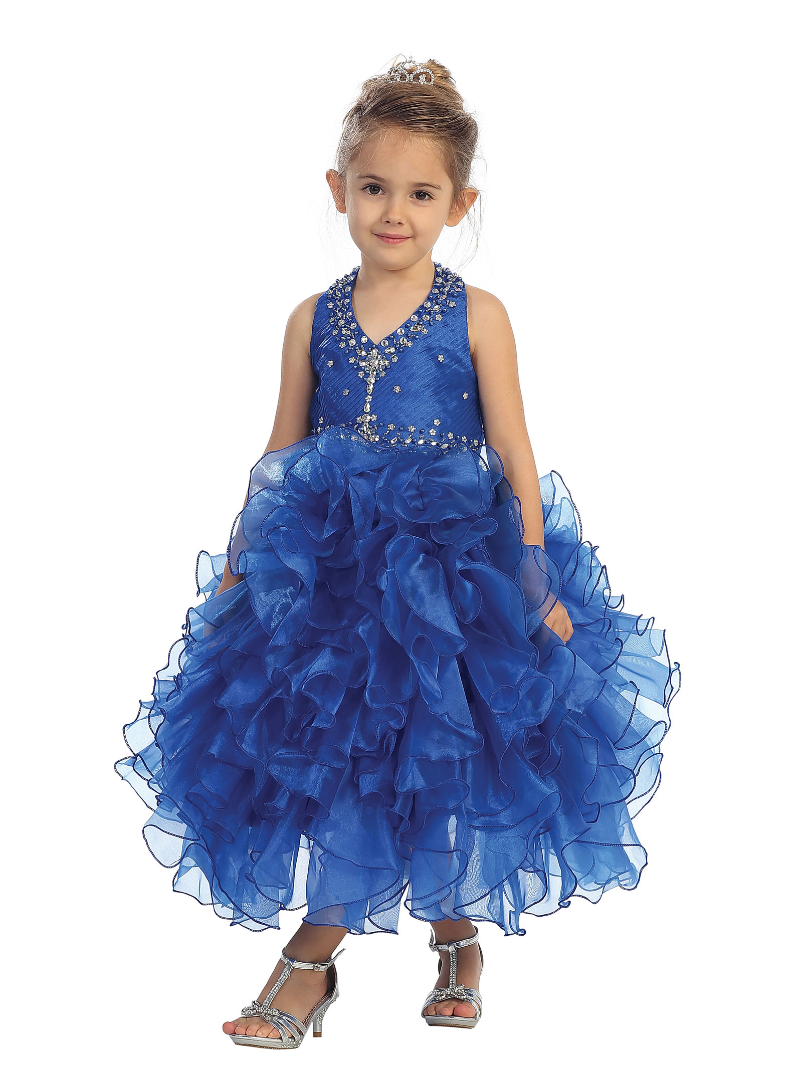 TT_5596RY Girls Dress Style 5596 Halter Style Beaded Organza Ruffle