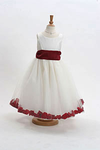 Flower Girl Dress Style 152-Choice of White or Ivory Dress with Burgundy Sash and Petals