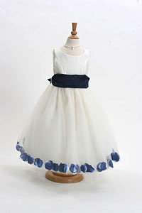 Flower Girl Dress Style 152-Choice of White or Ivory Dress with Navy Sash and Petals