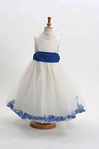 Flower Girl Dress Style 152-Choice of White or Ivory Dress with Royal Blue Sash and Petals