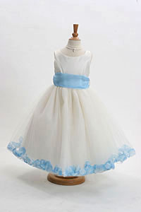 Flower Girl Dress Style 152-Choice of White or Ivory Dress with Sky Blue Sash and Petals