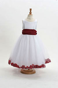 Flower Girl Dress Style 152-Choice of White or Ivory Dress with Burgundy Sash and Petals