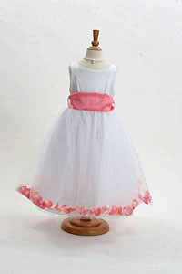 Flower Girl Dress Style 152-Choice of White or Ivory Dress with Coral Sash and Petals