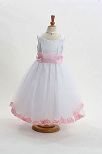 Flower Girl Dress Style 152-Choice of White or Ivory Dress with Light Pink Sash and Petals