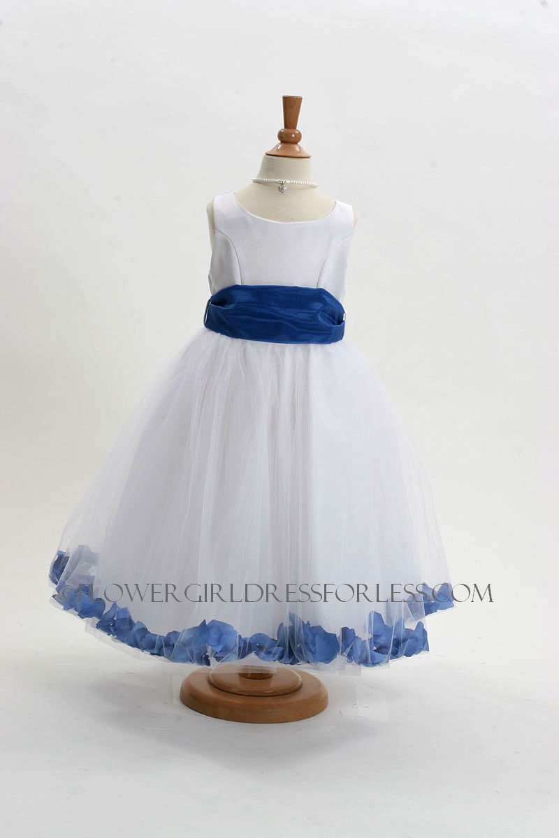 white flower girl dress with navy sash