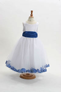 Flower Girl Dress Style 152-Choice of White or Ivory Dress with Royal Blue Sash and Petals