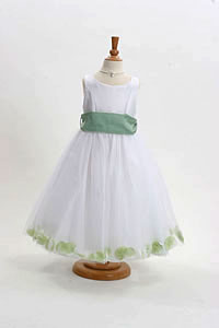 Flower Girl Dress Style 152-Choice of White or Ivory Dress with Sage Green Sash and Petals