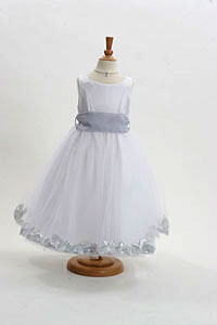 Flower Girl Dress Style 152-Choice of White or Ivory Dress with Silver Sash and Petals