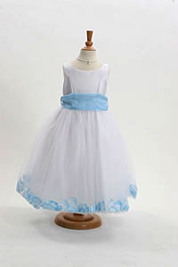 Flower Girl Dress Style 152-Choice of White or Ivory Dress with Sky Blue Sash and Petals