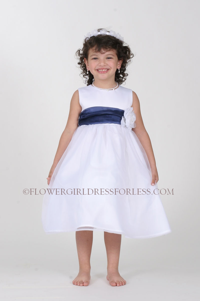 ivory flower girl dress with navy sash