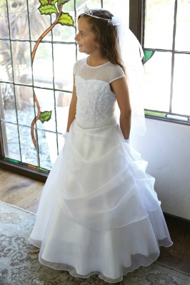 Girls Dress Style DR1624 - Embroidered Dress with Draped Organza Skirt