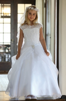 Girls Dress Style DR1712 - WHITE Cap Sleeve Dress with Sequin Embroidery