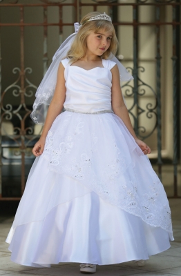 Girls Dress Style DR1718 - WHITE Cap Sleeve Satin Dress with Embroidered Organza