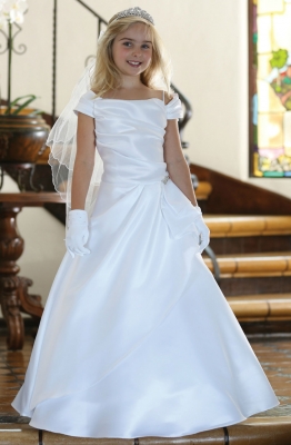 Girls Dress Style DR1756 - WHITE All Satin Cap Sleeve Dress with Shawl
