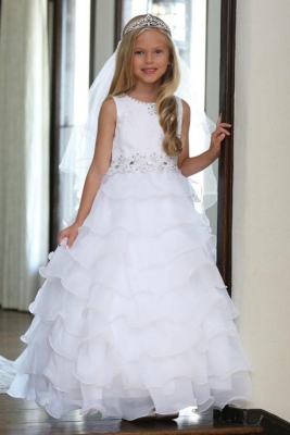 Girls Dress Style DR5201- White Lace and Organza Ruffle Dress