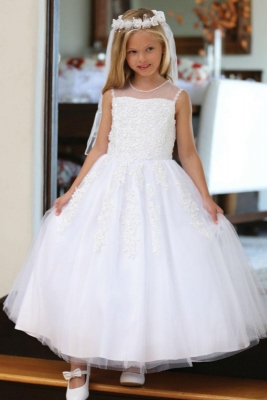 Girls Dress Style DR5205- Lace and Beaded Illusion Neckline Dress in Choice of Color