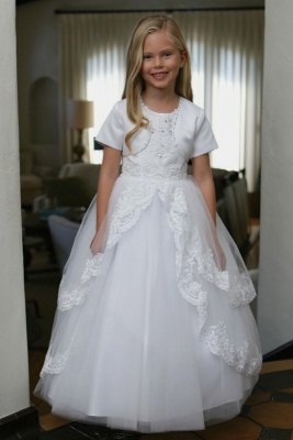SALE - White Satin and Tulle Beaded Dress with Matching Bolero