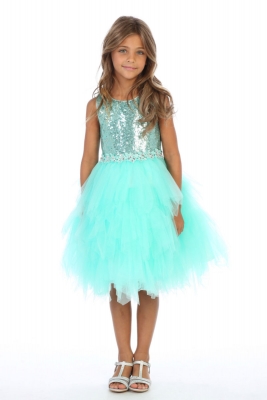 Girls Dress Style DR5225 - AQUA - Sequined Bodice Party Dress with Handkerchief Hemline