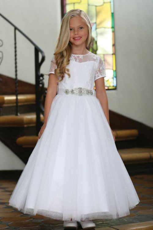 short lace flower girl dress with illusion sleeves