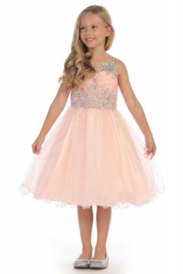 Girls Dress Style DR5240- Gorgeous Beaded Tulle Short Dress in Blush
