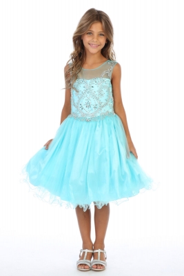 Girls Dress Style DR5264 - AQUA Short Beaded Illusion Neckline Party Dress