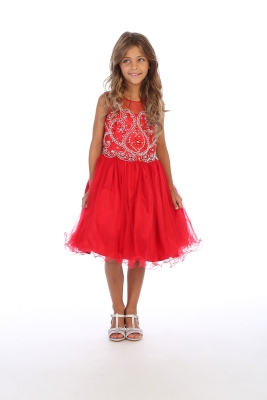 SALE Red Short Beaded Illusion Neckline Party Dress